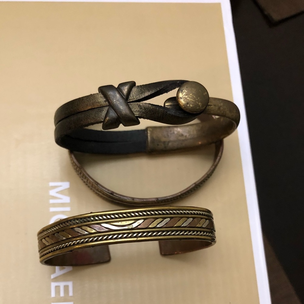 Set of 3 cuffs/bracelets. Copper, brass & leather.